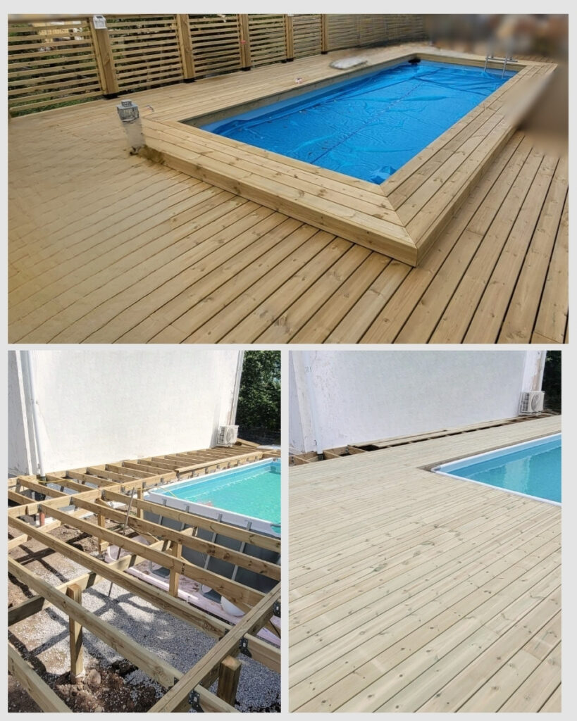 Trädäck och snickeriarbete runt pool